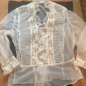 Vintage DEBTOWN JUNIOR WHITE SHEER LONG SLEEVE BLOUSE LACE VICTORIAN LOLITA